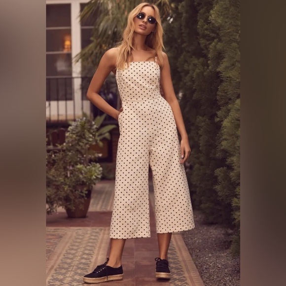 Lulus Pants - Black and Cream Polka Dot Cropped wide leg jumpsuit